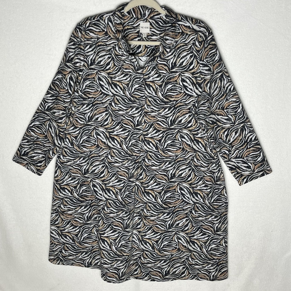 Nic + Zoe Plus 2XL Long Sleeve Tunic Dress Tribal Boho Black‎ Brown Cream Print